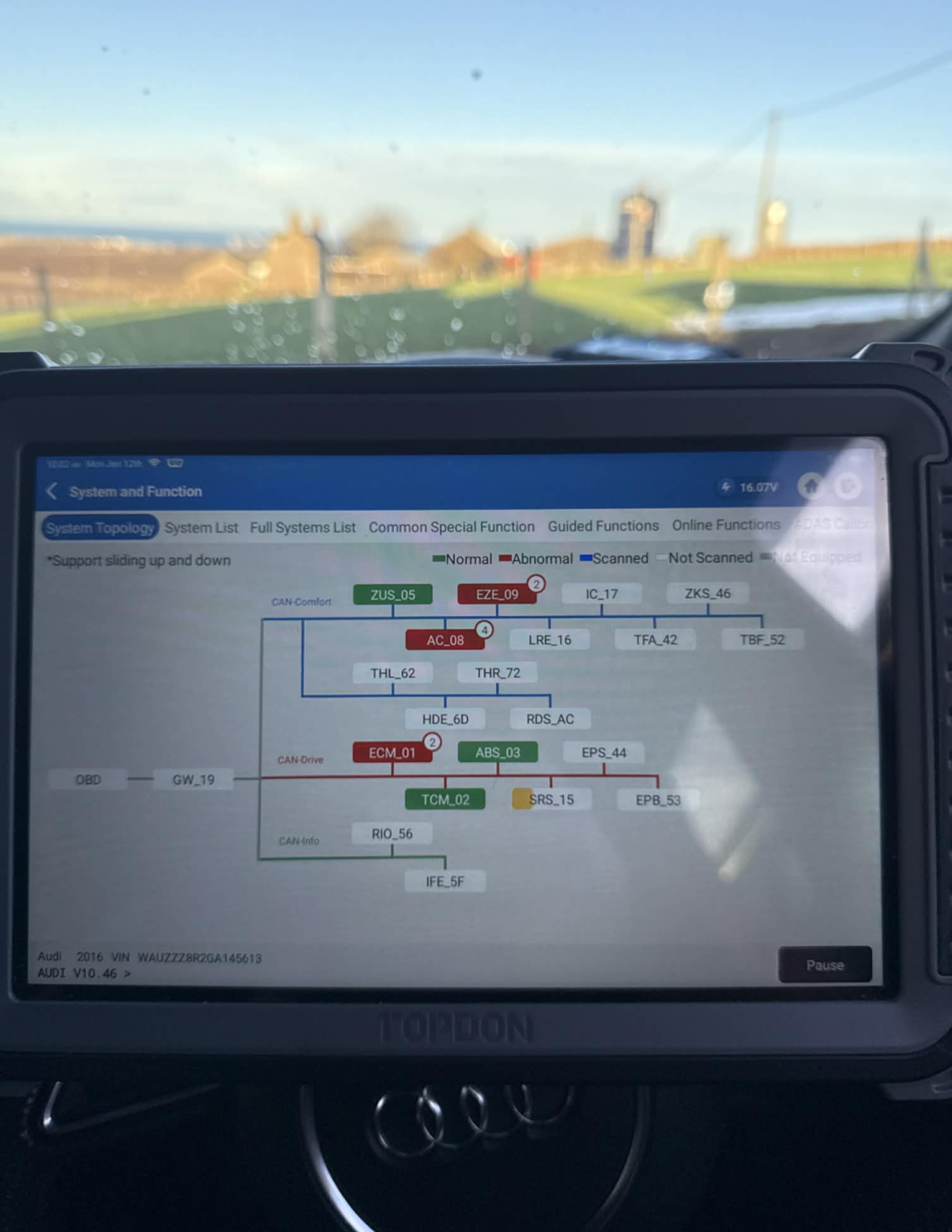 Topdon diagnostic scanner showing system topology on Audi vehicle